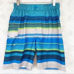 OT Revolution Boys M 8/10 Blue Striped Swim Trunks Mesh Lined Pockets Elastic